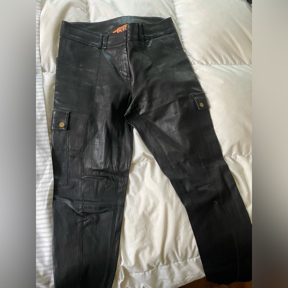 Tory Burch Black Leather Skinny Cargo Pants